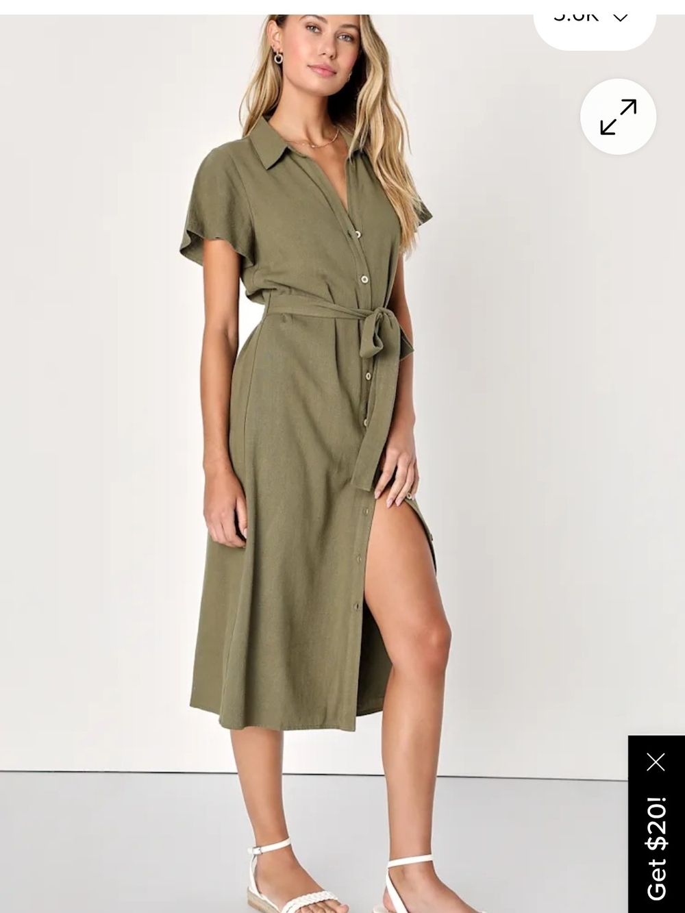 Lulus Italian Summer Olive Green Linen Button-Up Short Sleeve Dress